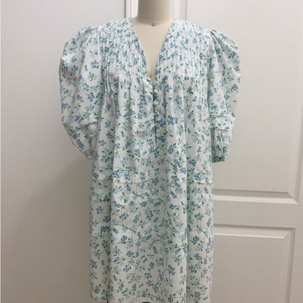 HUNTER BELL White Mini Dress with Blue & Green Floral Print
